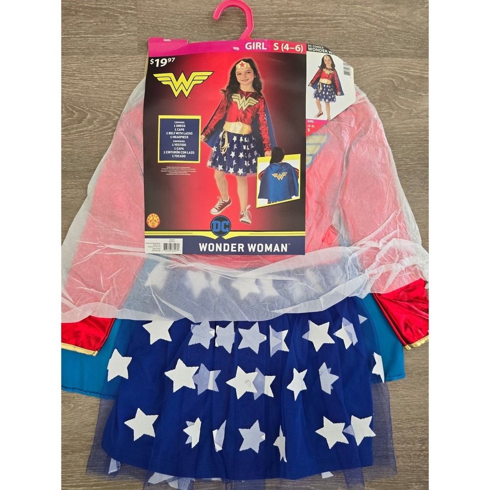 DC Comics Wonder Woman Girls Costume Dress Cape Set Size S 4-6 Red Blue